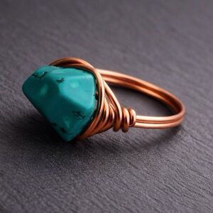 Turquoise Stone Copper Wire Wrap Ring - Artisan - Handmade - Custom Sizes